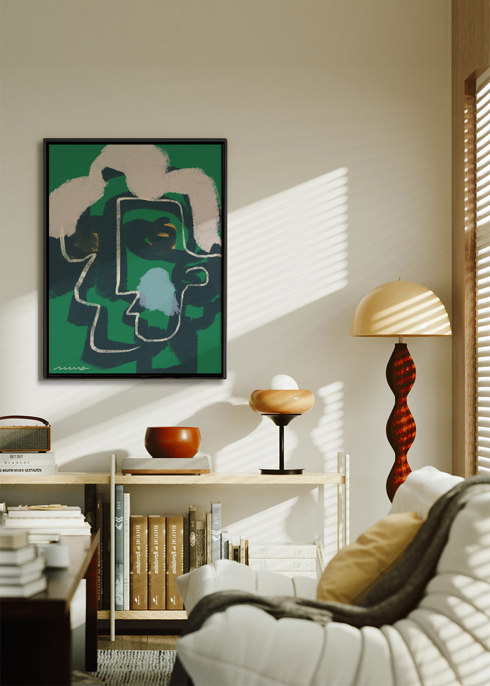 Quadro abstrato rosto linha contínua em verde