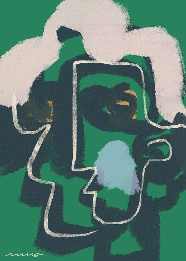 Quadro abstrato rosto linha contínua em verde