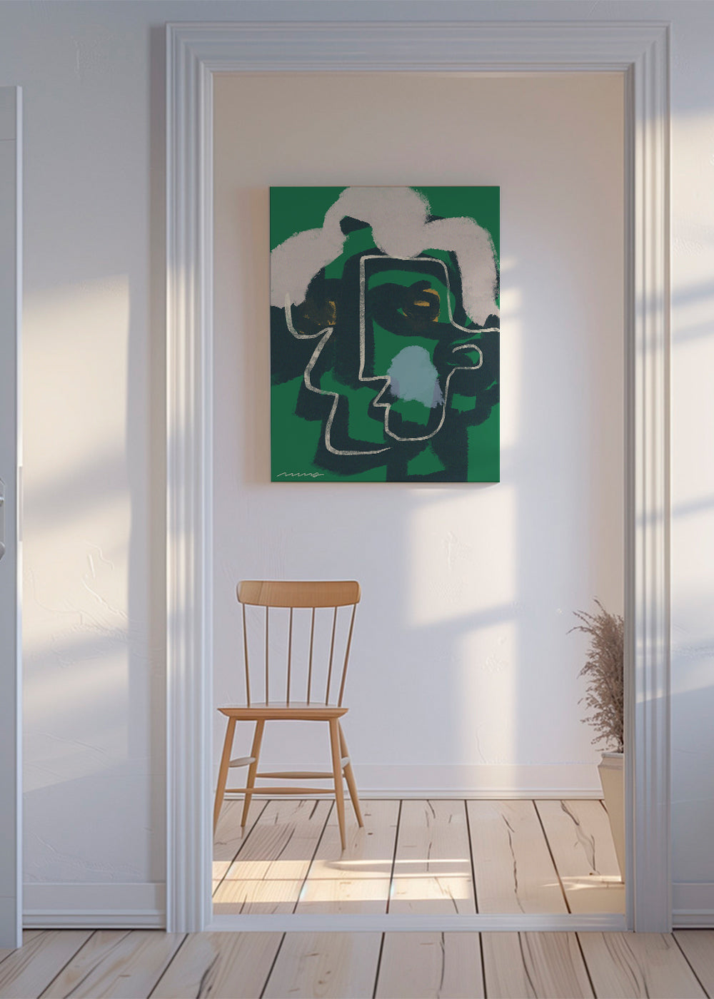 Quadro abstrato rosto linha contínua em verde