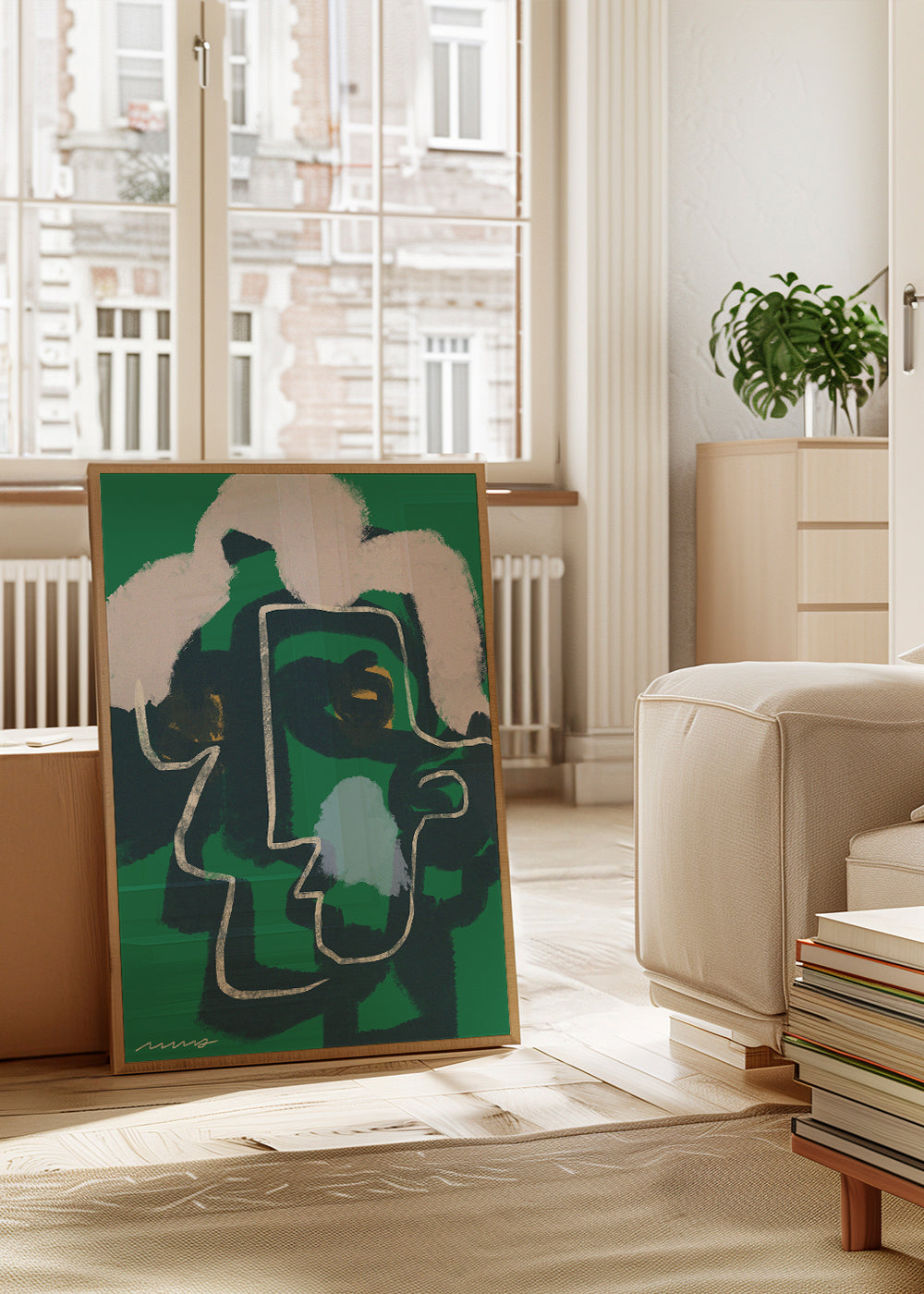 Quadro abstrato rosto linha contínua em verde