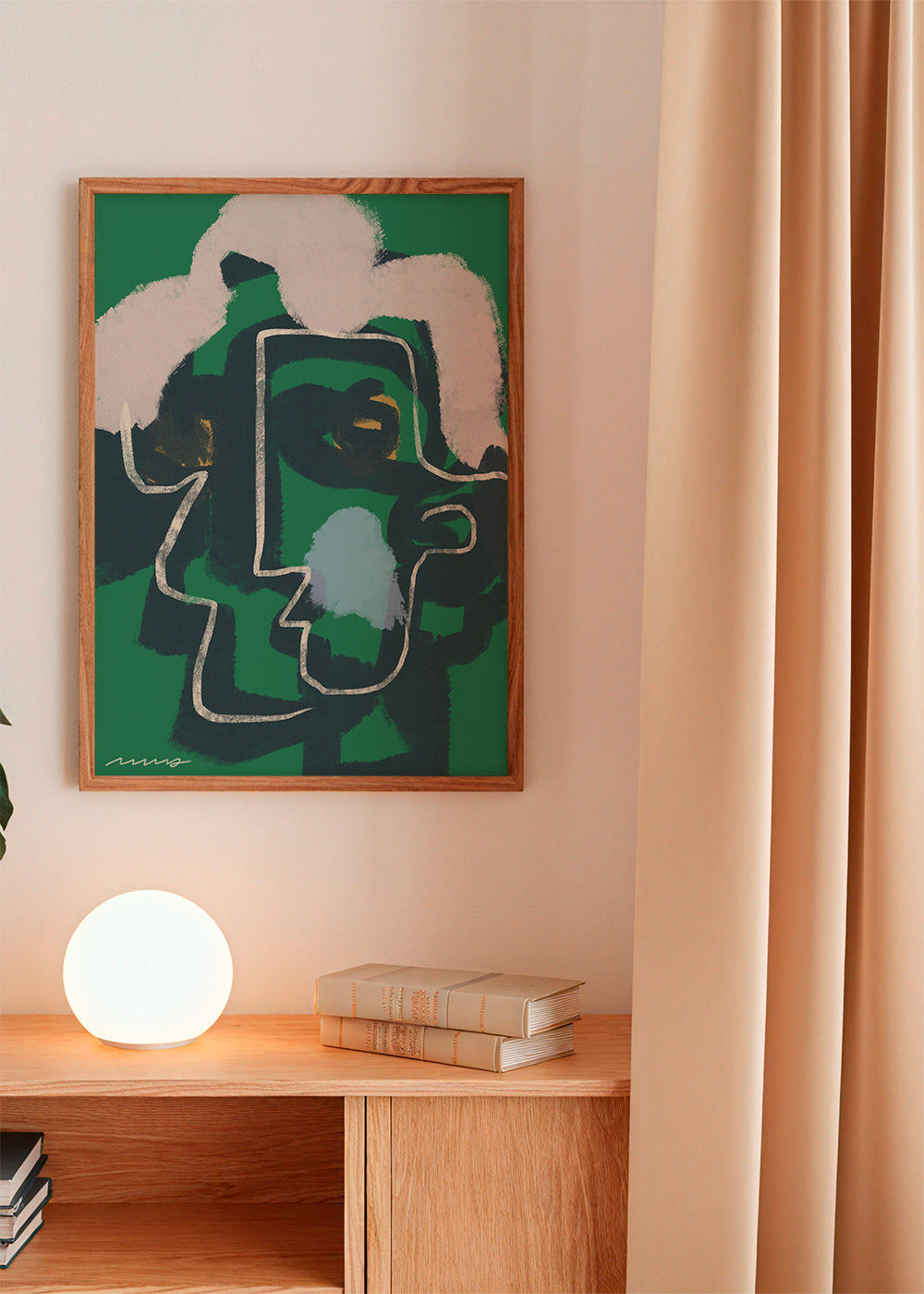 Quadro abstrato rosto linha contínua em verde