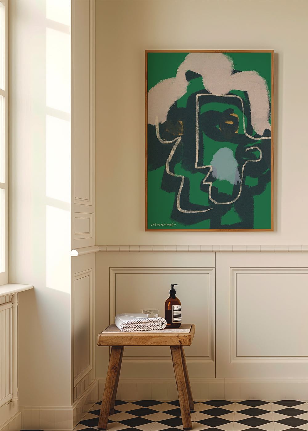 Quadro abstrato rosto linha contínua em verde
