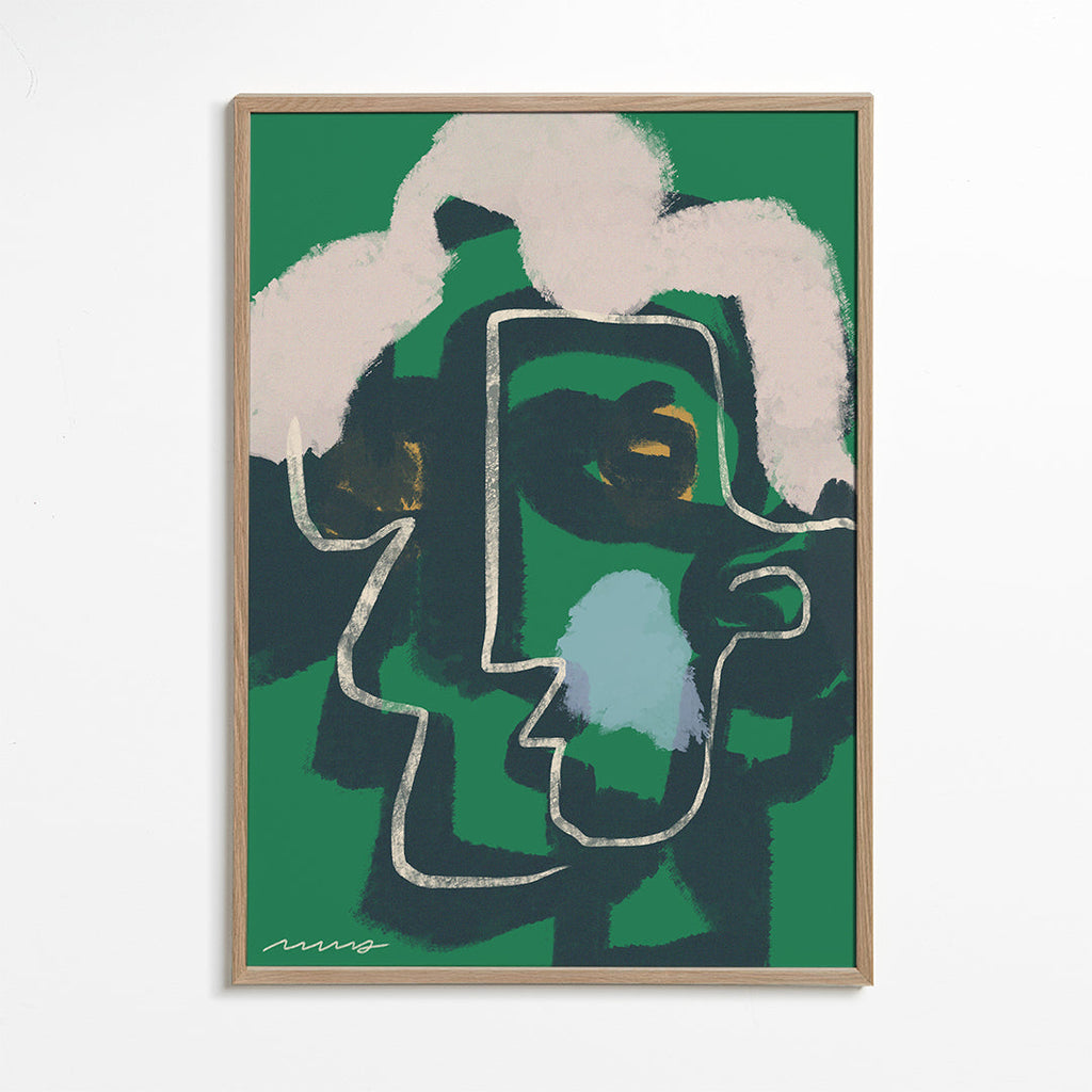 Quadro abstrato rosto linha contínua em verde
