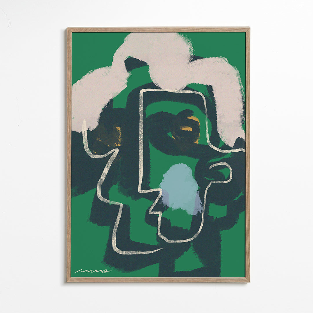 Quadro abstrato rosto linha contínua em verde