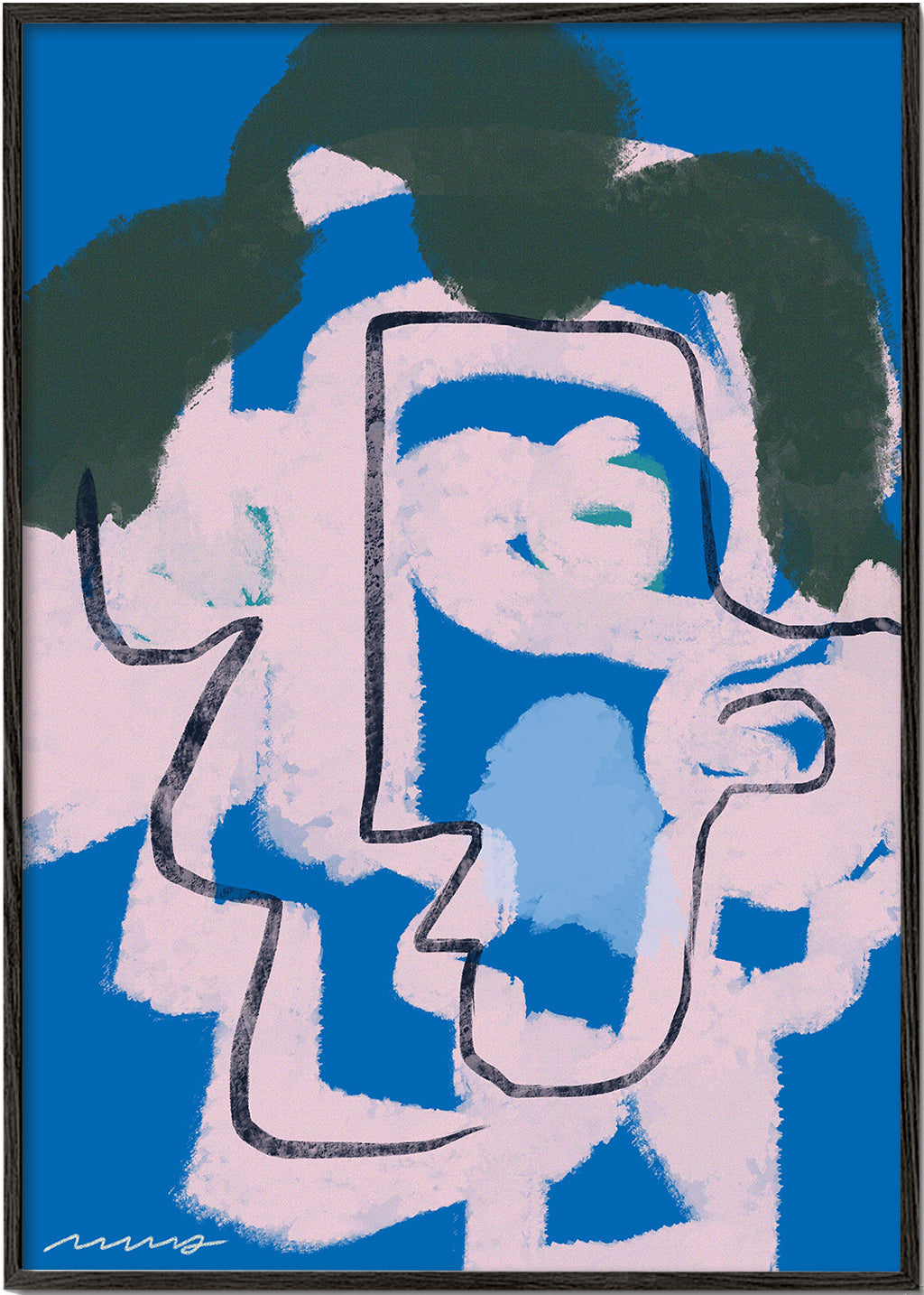 Quadro abstrato rosto azul e rosa