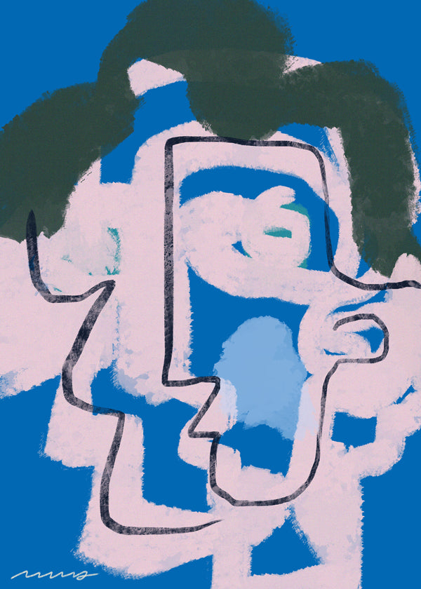 Quadro abstrato rosto azul e rosa