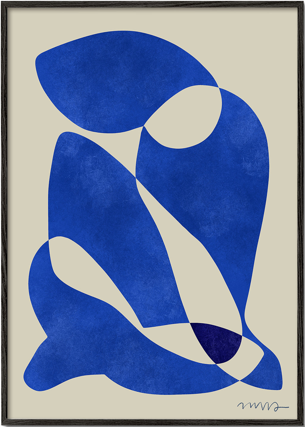 Quadro abstrato com formas azuis orgânicas