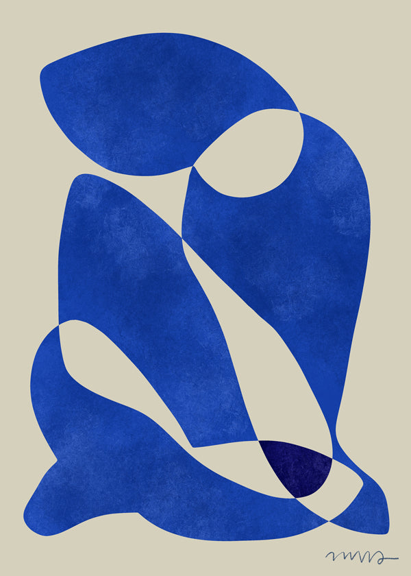 Quadro abstrato com formas azuis orgânicas