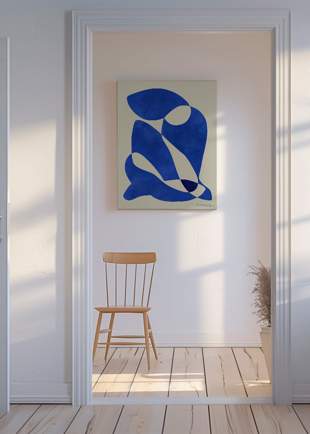 Quadro abstrato com formas azuis orgânicas