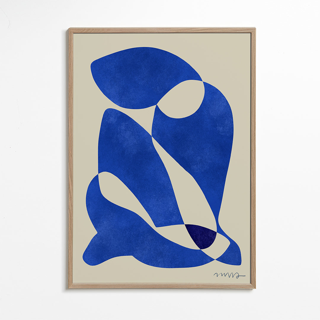 Quadro abstrato com formas azuis orgânicas