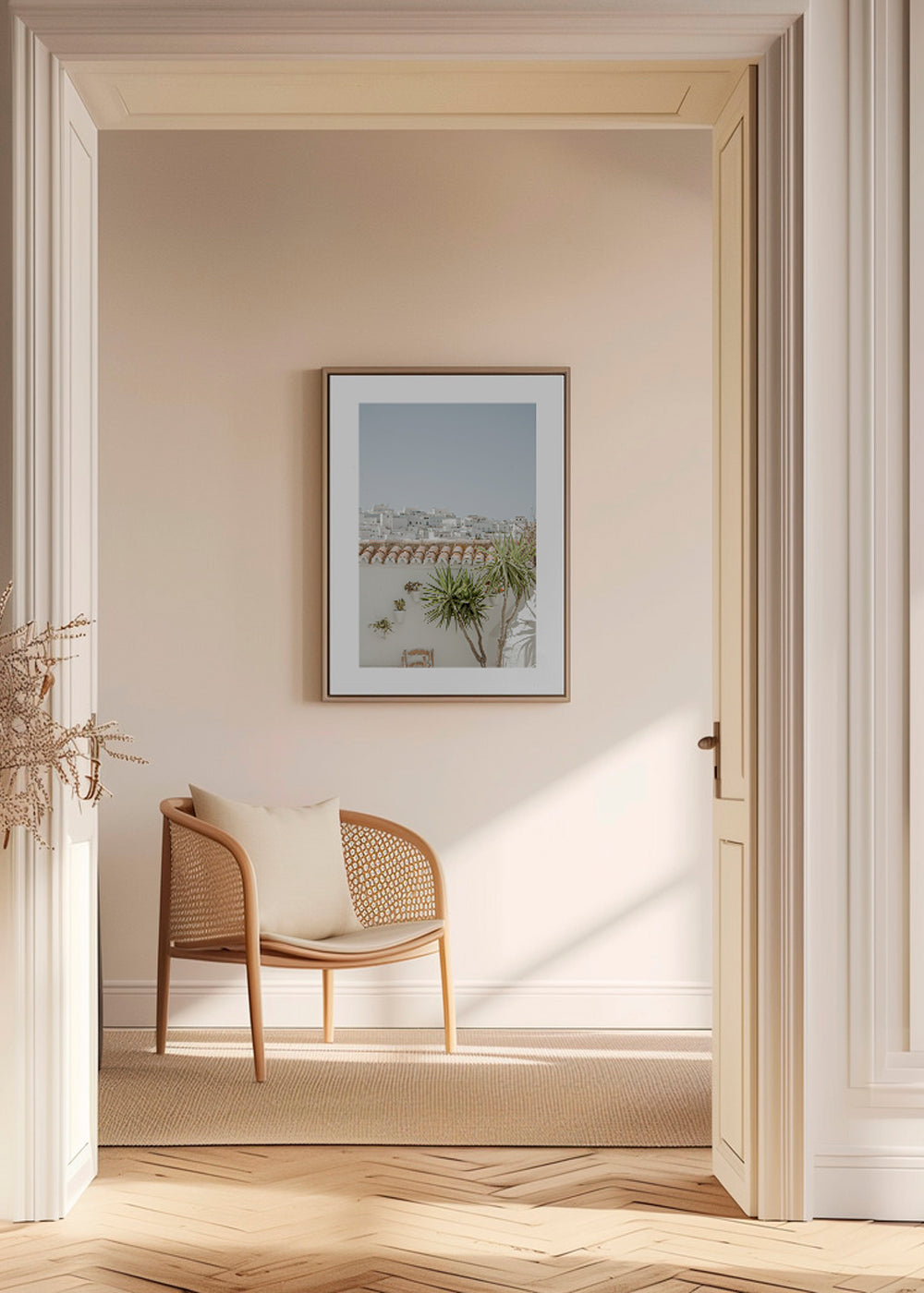 Quadro de paisagem com telhados brancos e yucca