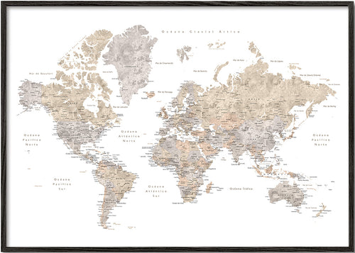 Quadro mapa-múndi taupe detalhado