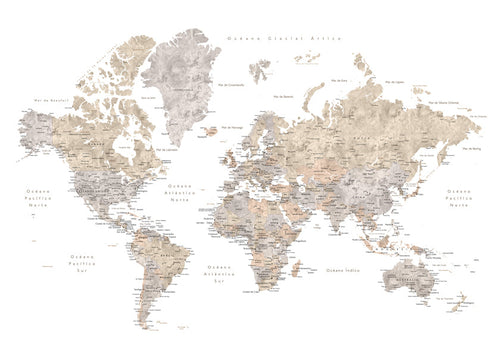 Quadro mapa-múndi taupe detalhado
