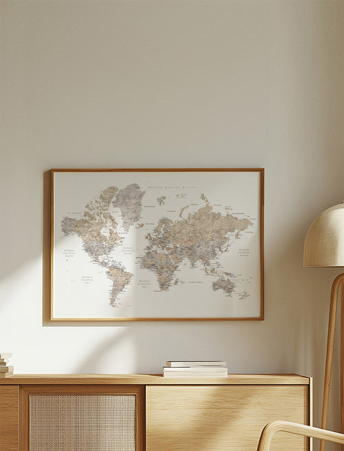 Quadro mapa-múndi taupe detalhado
