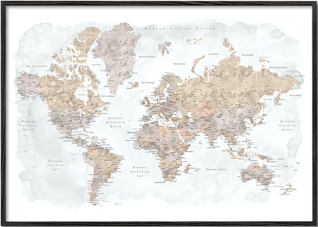 Mapa-múndi em aquarela com detalhes
