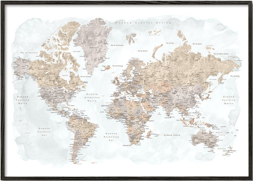 Mapa-múndi em aquarela com detalhes