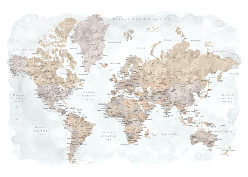 Mapa-múndi em aquarela com detalhes