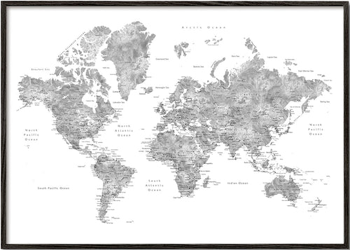 Quadro cidades: mapa-múndi detalhado em cinza