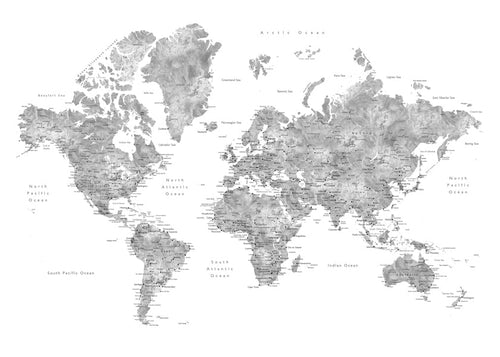 Quadro cidades: mapa-múndi detalhado em cinza