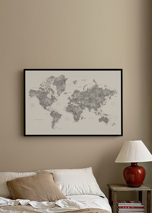 Quadro cidades: mapa-múndi detalhado em cinza