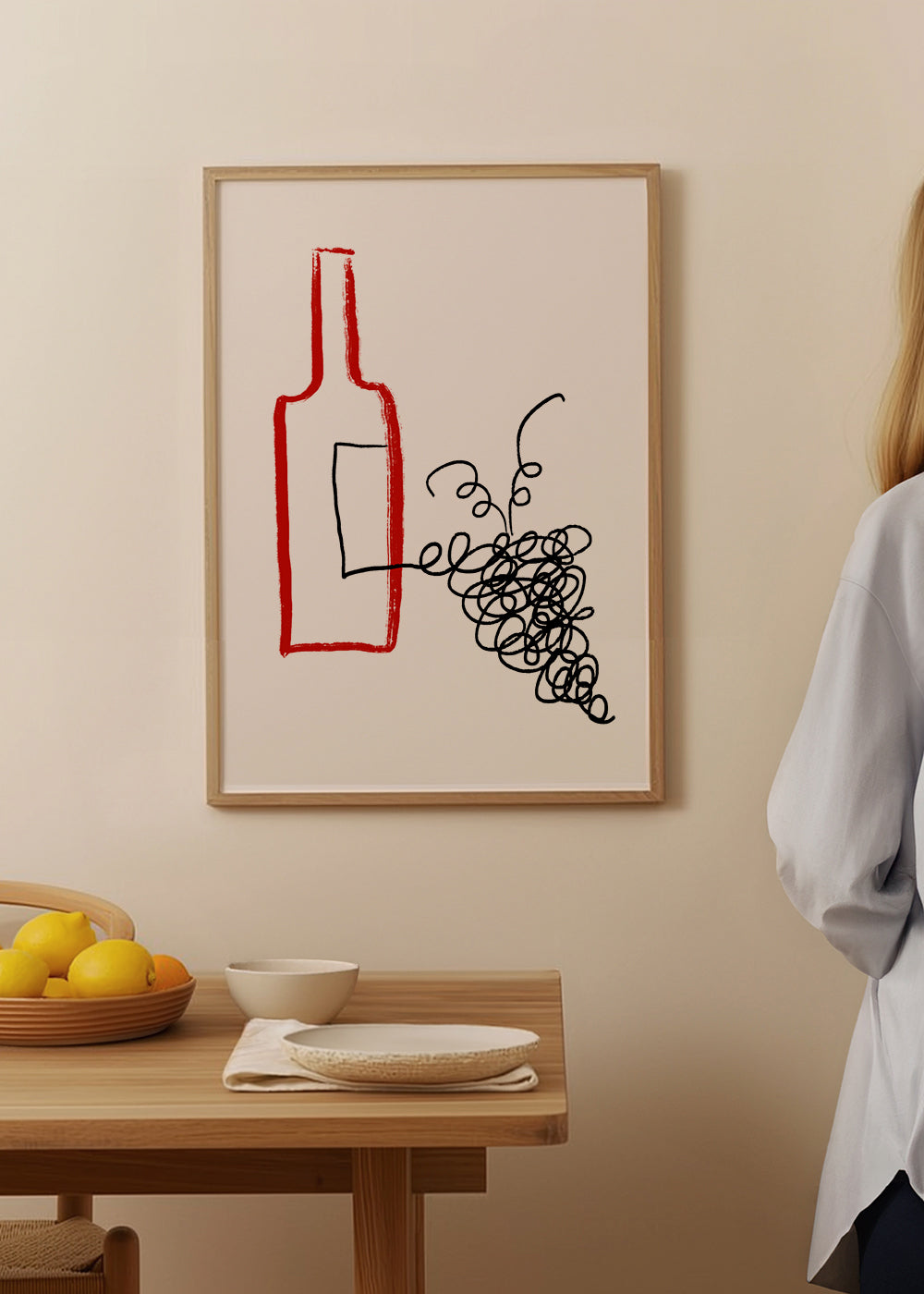 Arte para cozinha garrafa e cacho estilizado