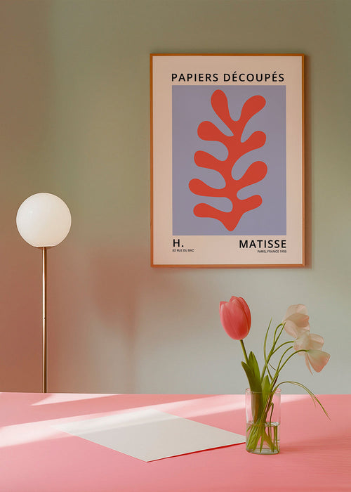 Estampa botânica Matisse: folha vermelha sobre azul
