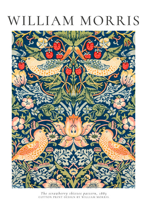 Estampa botânica William Morris com pássaros e morangos