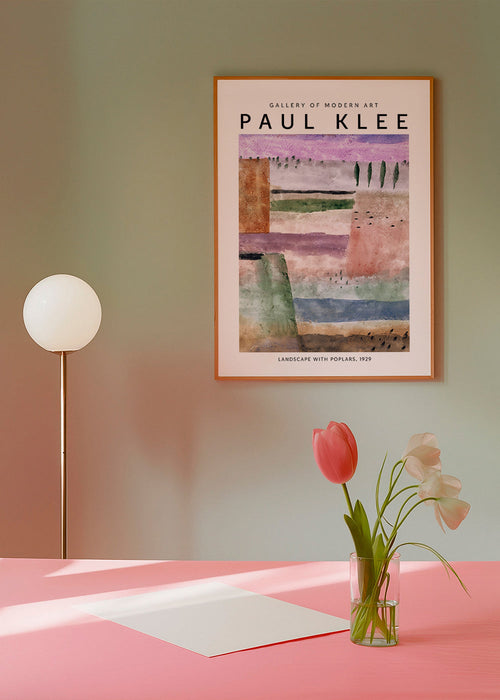 Quadro de paisagem com choupos em aguarela abstrata
