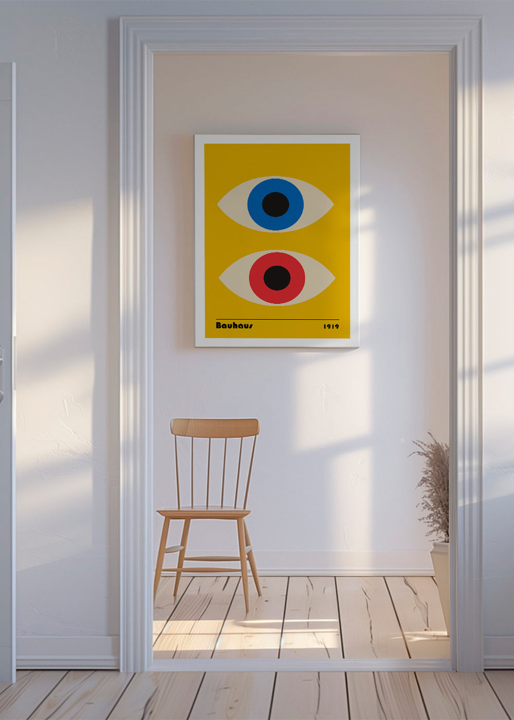 Poster geométrico Bauhaus com olhos vermelhos e azuis