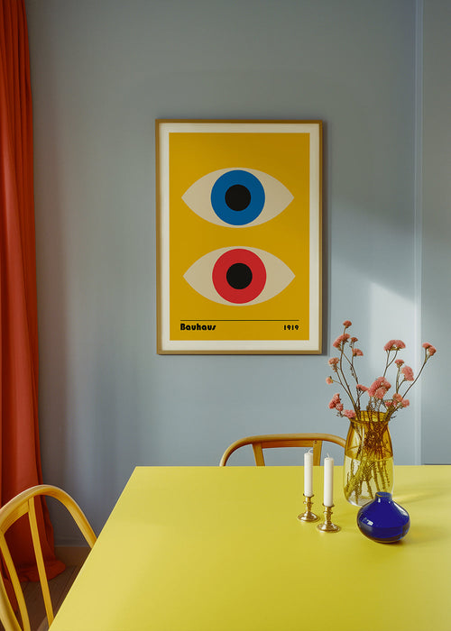 Poster geométrico Bauhaus com olhos vermelhos e azuis
