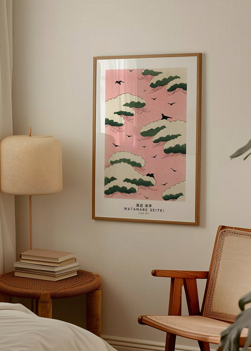 Ilustração japonesa céu rosa com nuvens e pássaros