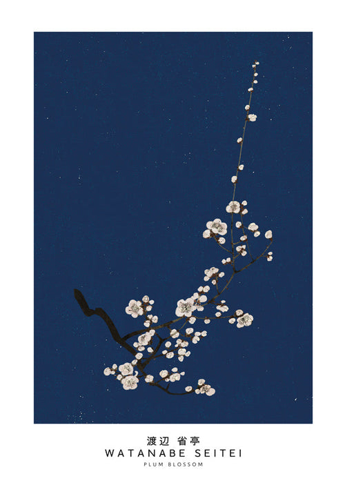 Estampa botânica: flor de ameixeira sobre azul profundo