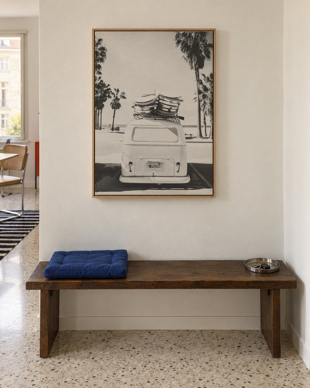 Beach Vintage Van Black & White - Framed canvas in an interior
