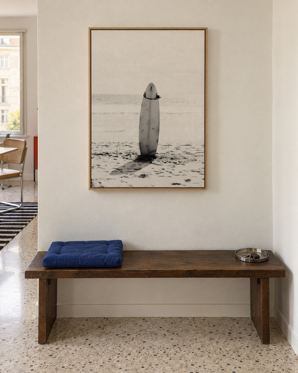 Beach Vintage Surfing board Black & White - Framed canvas in an interior