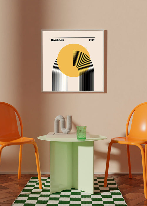 Poster geométrico Bauhaus sol amarelo e arcos