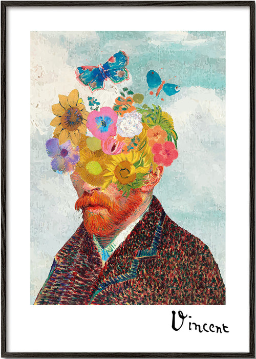 Estampa botânica retrato floral com borboletas