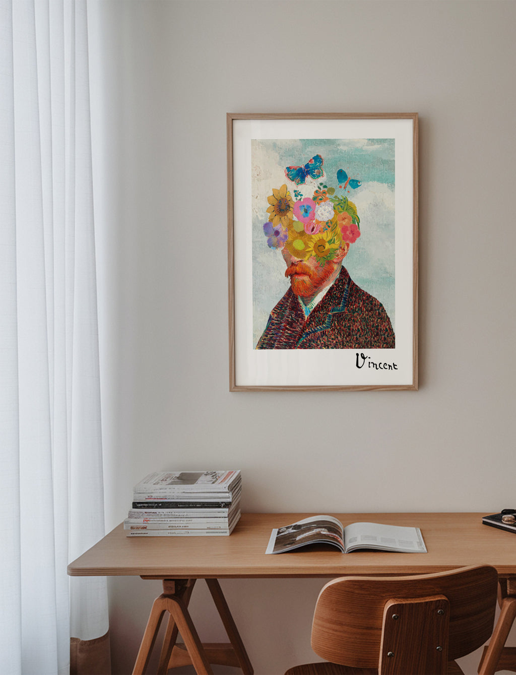 Vincent van Gogh inspired self-portrait & flower remixed - Framed poster in an interior