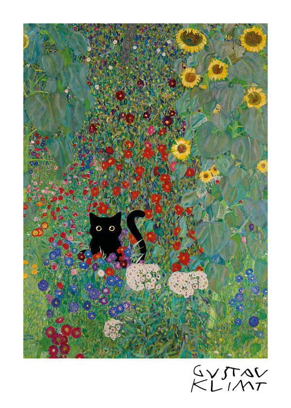 Quadro de gato no jardim estilo Klimt