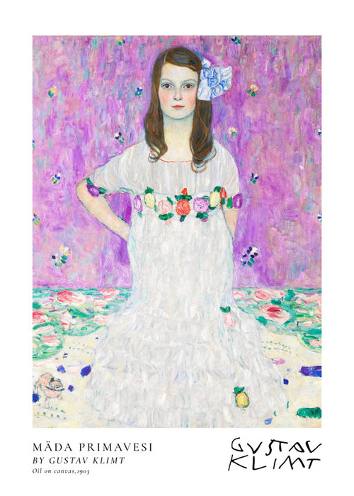 Ilustração de menina com vestido branco e guirlanda floral