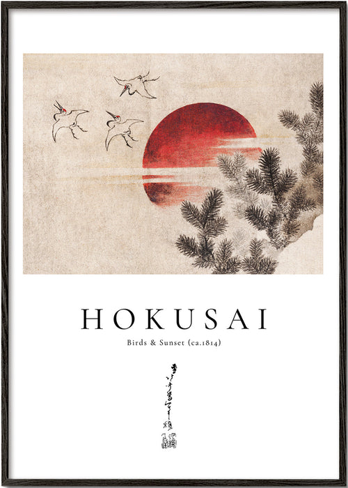 Quadro Hokusai: pássaros e pôr do sol com sol vermelho