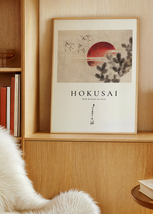 Quadro Hokusai: pássaros e pôr do sol com sol vermelho