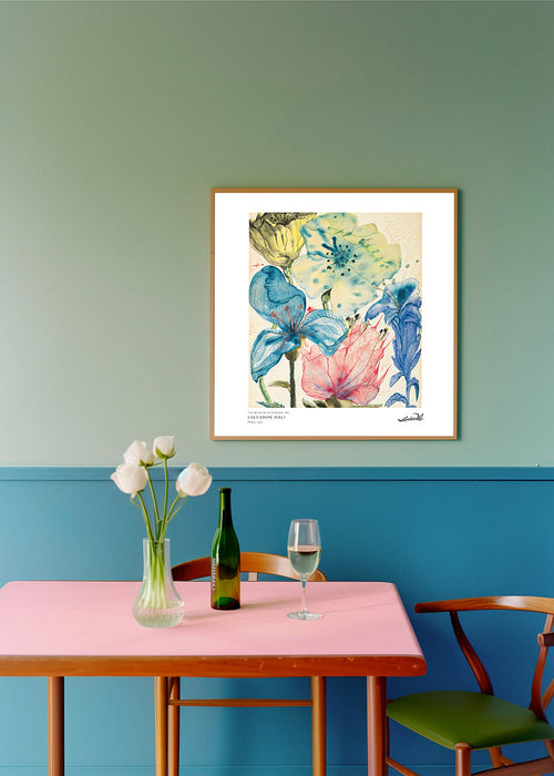 Estampa botânica: aquarela flores azuis e rosas