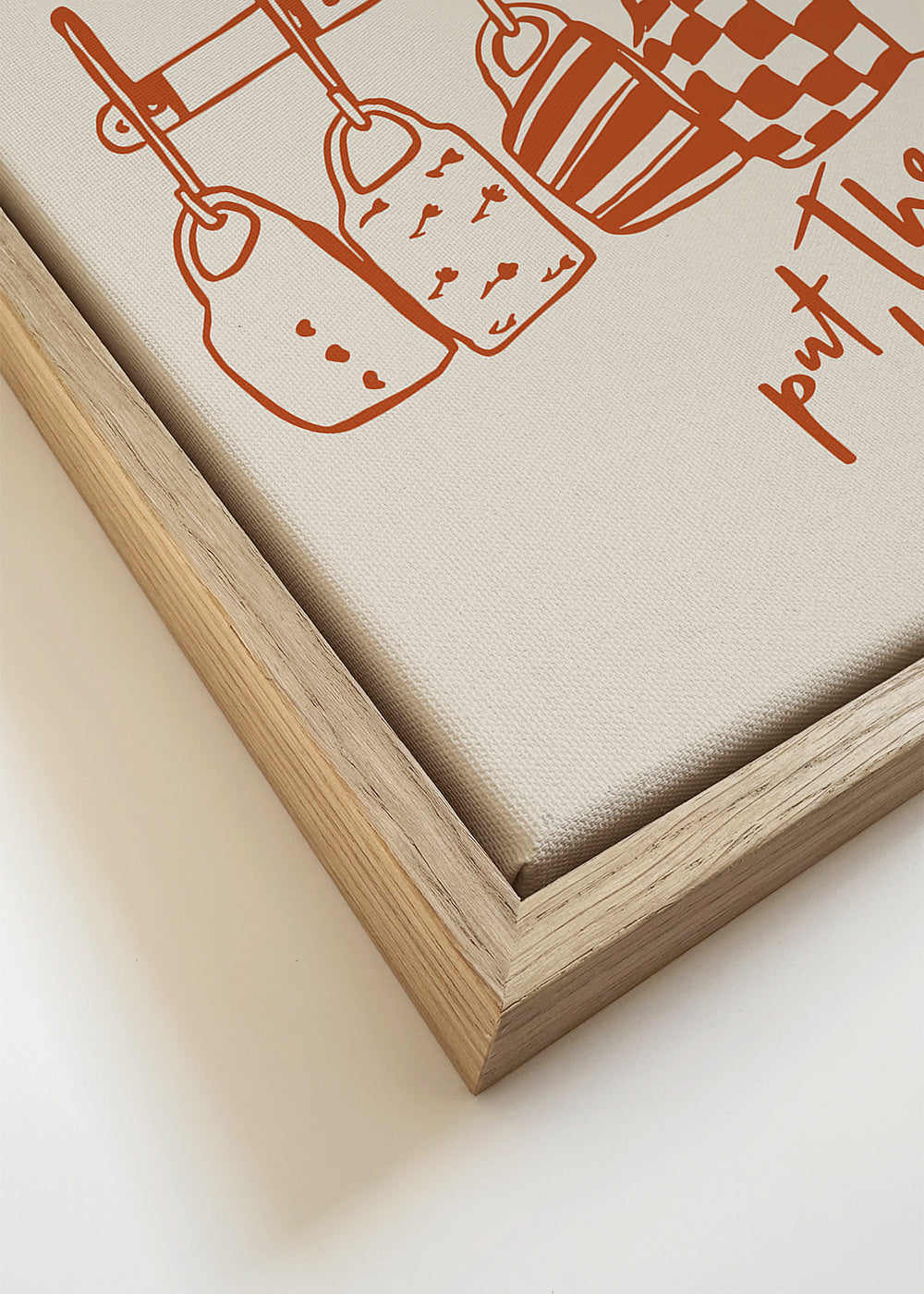 Arte para cozinha com canecas penduradas e letra manuscrita