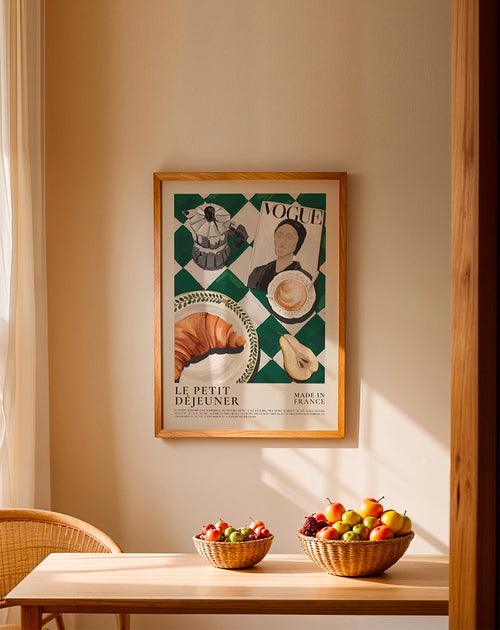 Arte para cozinha pequeno-almoço com croissant e café