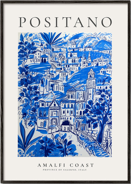 Quadro de cidades Positano ilustração azul