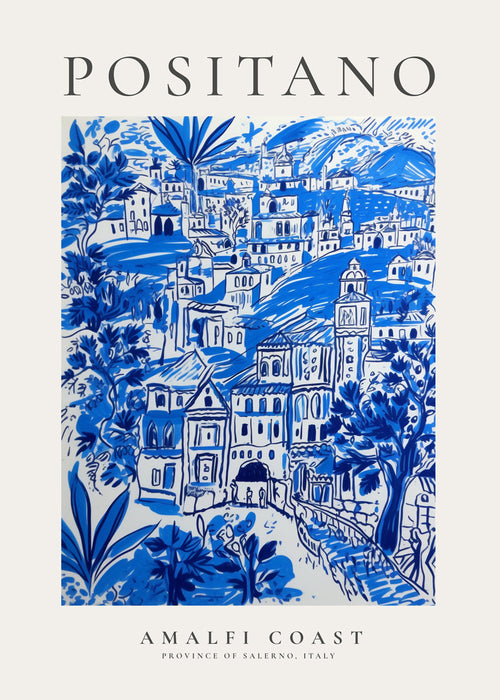 Quadro de cidades Positano ilustração azul