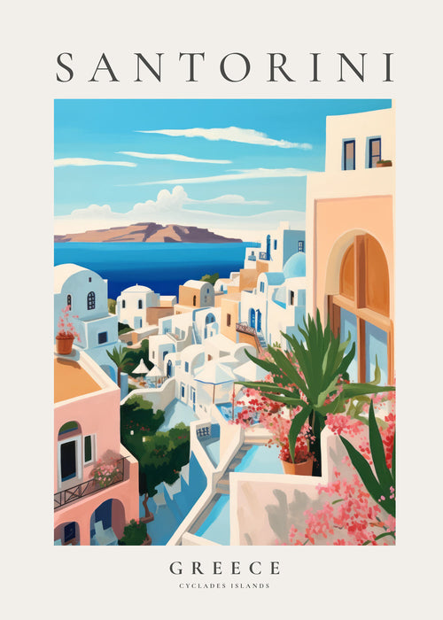 Quadro de cidades Santorini vista costeira