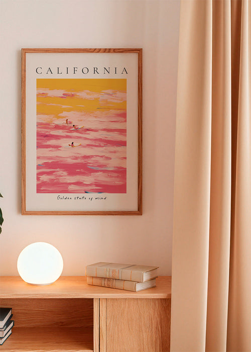 Arte desportivo «California» surfistas em rosa e amarelo