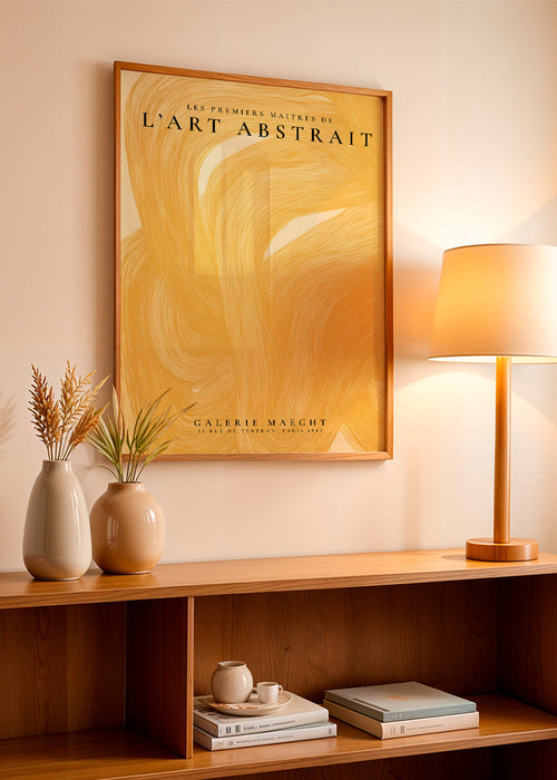 Quadro abstrato amarelo com traços fluidos