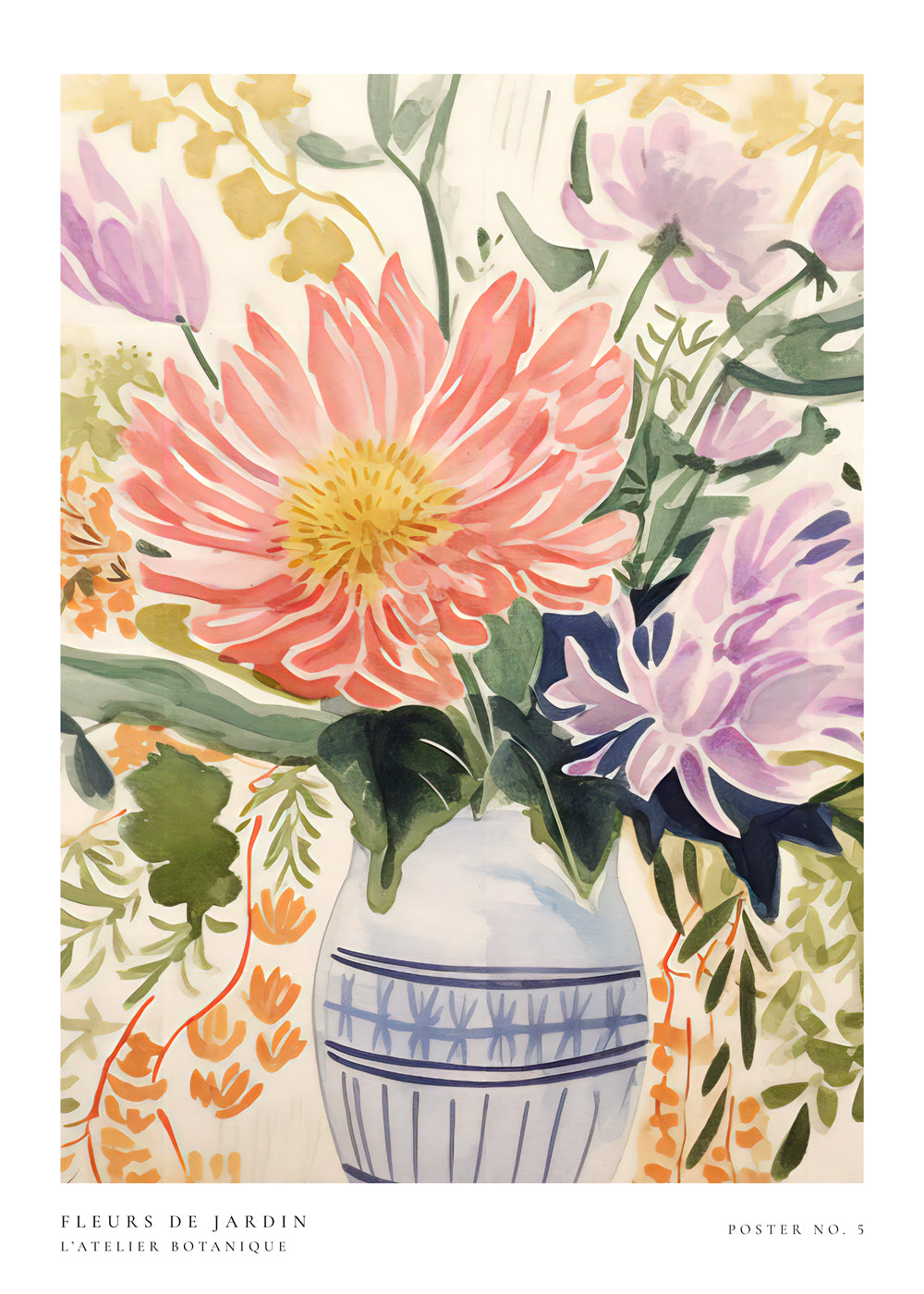 Estampa botânica: buquê em aquarela no vaso